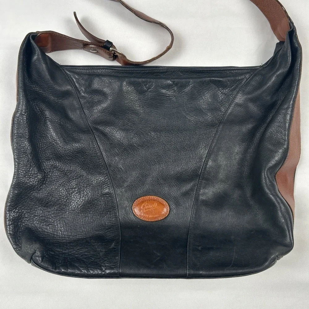Vintage Giudi Black Brown Purse Pebbled Leather Hobo-Style Handbag Italy 456277